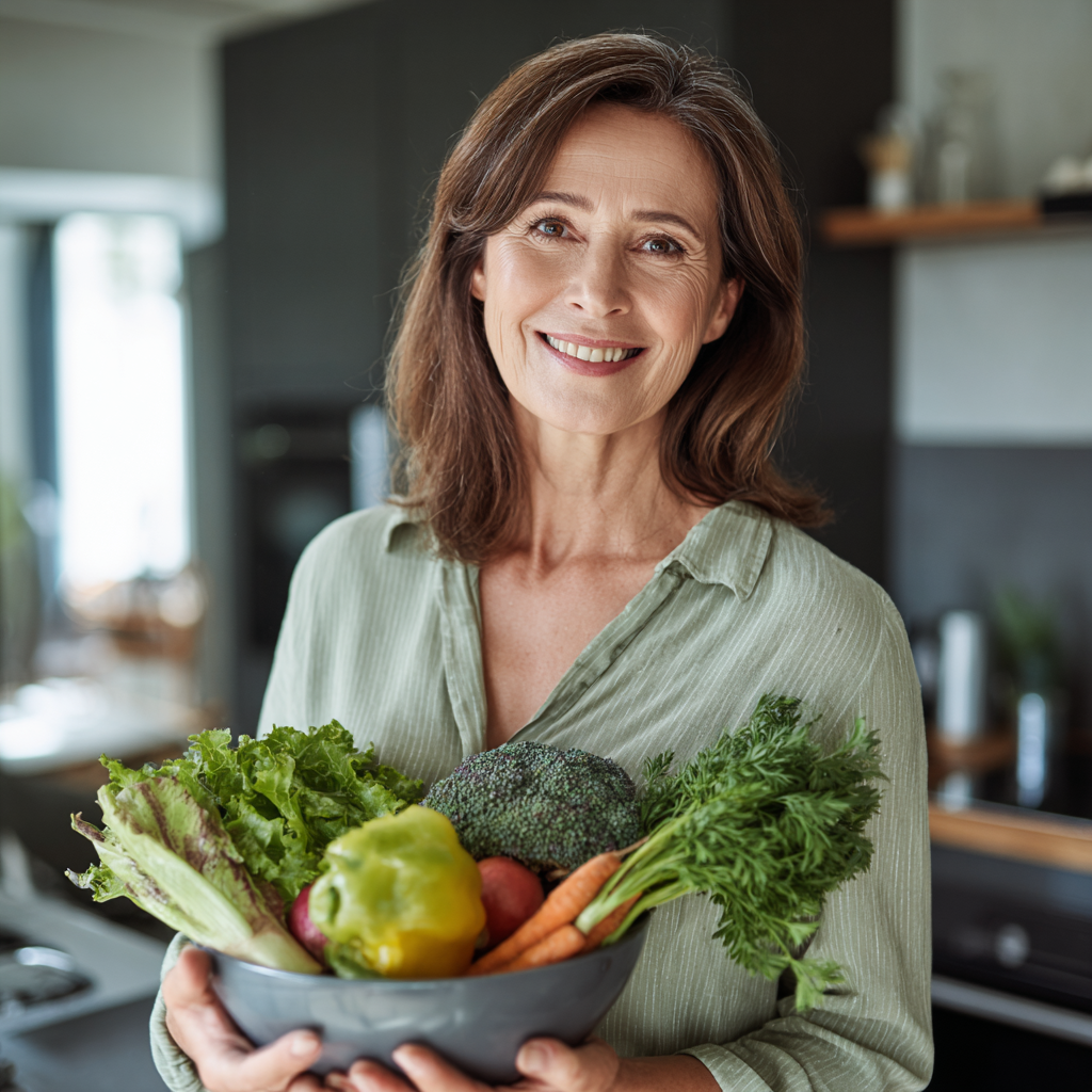 Smiling middle-aged woman in her early 50s with shoulder-length brown hair, wearing a light green blouse, holding a colorful bowl of fresh vegetables and leafy greens in a modern kitchen with natural lighting